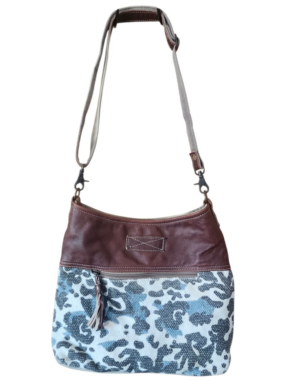 Myra Bag Naive Shoulder Bag Brown Leather Blue Gray Camo Upcycled Rug Crossbody